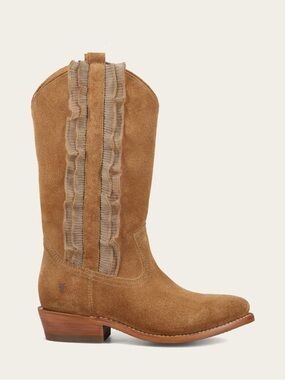 FRYE FOUND BILLY PULL ON LACE UP RUFFLE - Tan Suede Western Boots Size 8.5